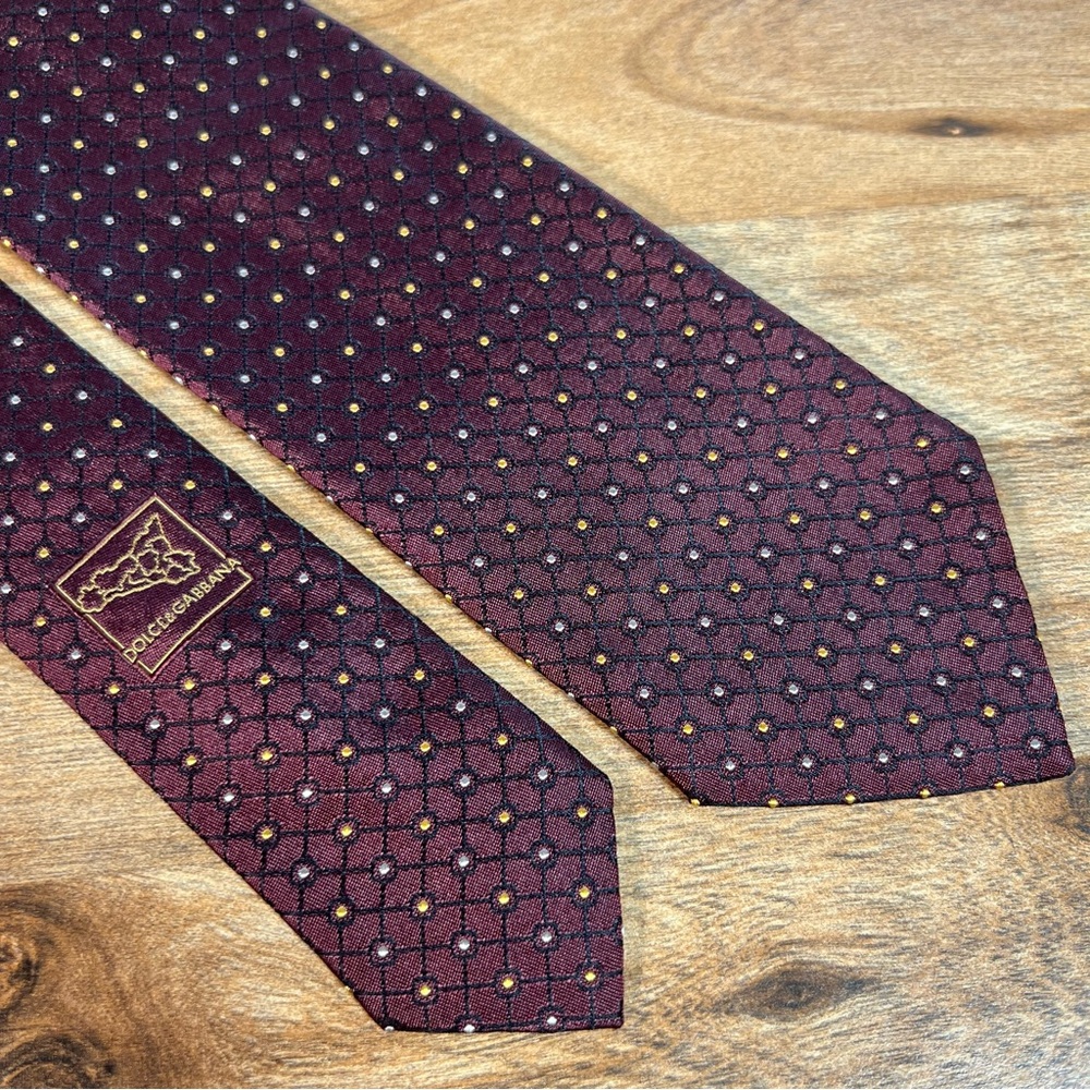 Dolce & Gabbana - Burgundy 100% Silk Tie Gold & Silver Dot Geometric Pattern